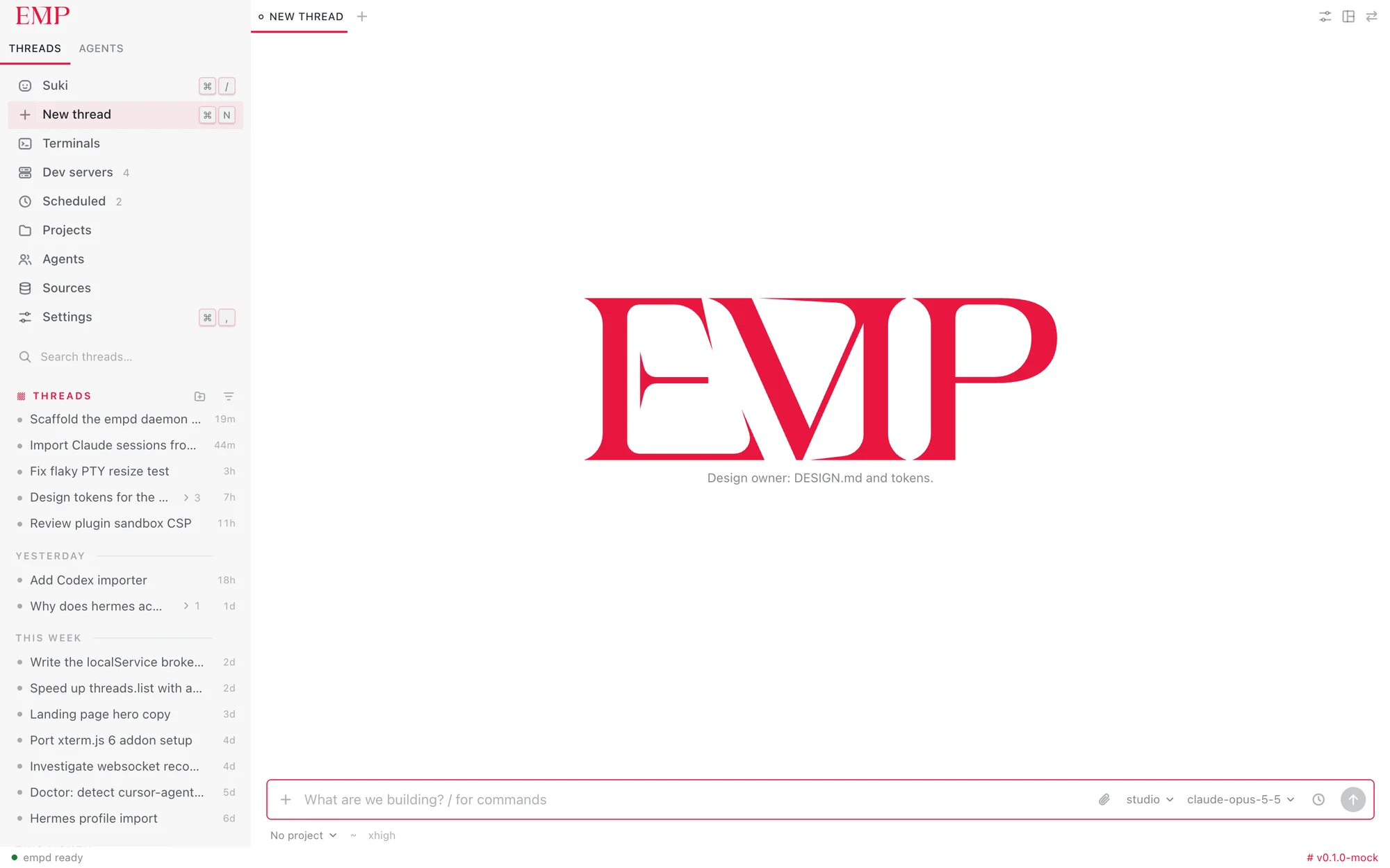 EMP's New thread screen: the red EMP wordmark above a composer